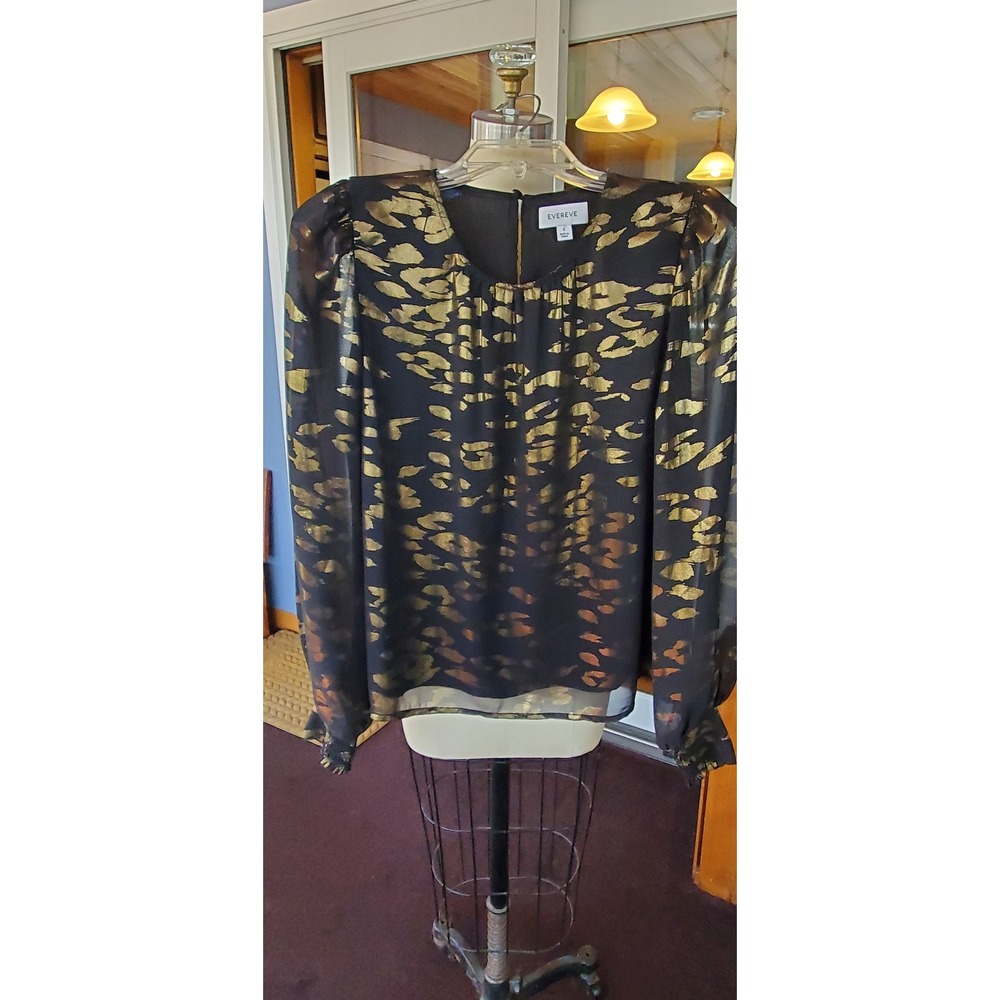 Evereve Womens Black Gold Metallic Leopard Print Puff Sleeve Blouse Small S